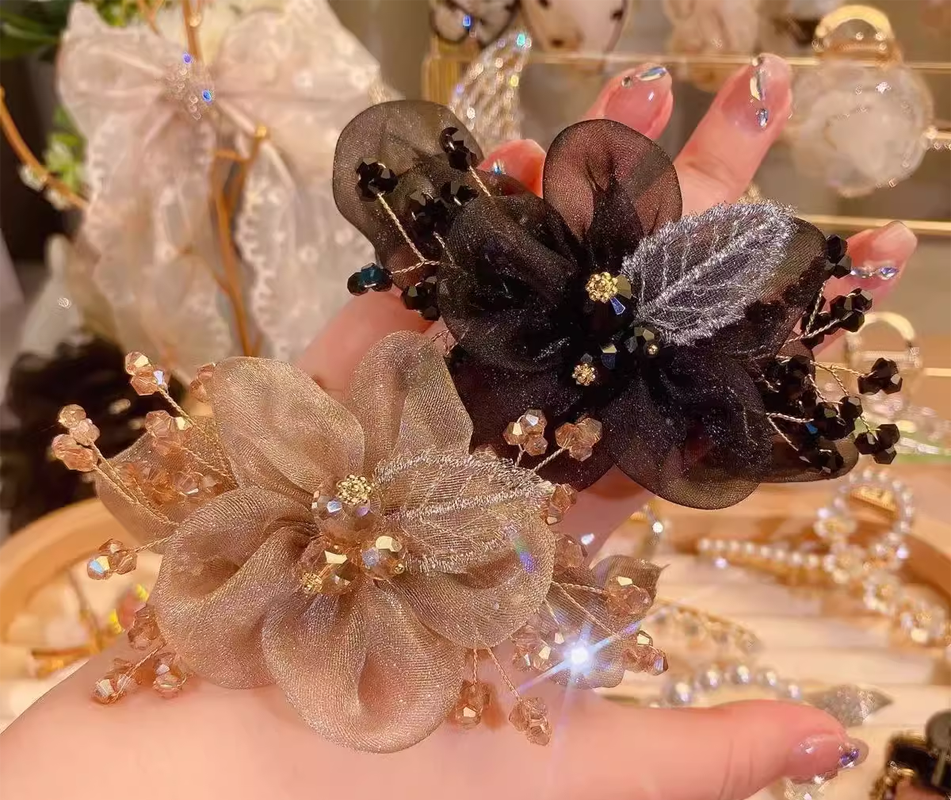 Korean Style Crystal Beaded Flower Hair Tie