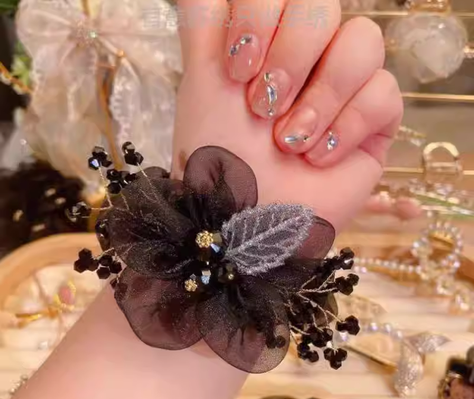 Korean Style Crystal Beaded Flower Hair Tie